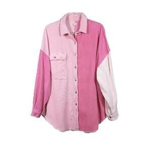 POL Womens Sz Small Shacket Loose Fit Fringe Destructed Shirt Pink Jacket S